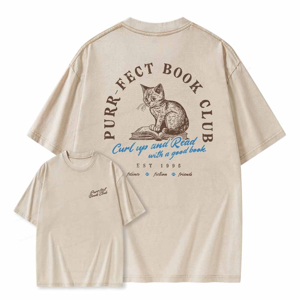 Pagewings  Book Club T-shirt For Cat Lovers Unisex Washed T-shirt