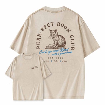 Pagewings  Book Club T-shirt For Cat Lovers Unisex Washed T-shirt