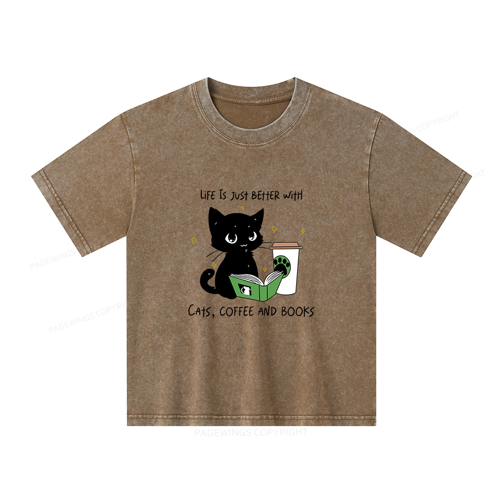 Pagewings Cats Coffee And Books Unisex Kids Washed T-shirt