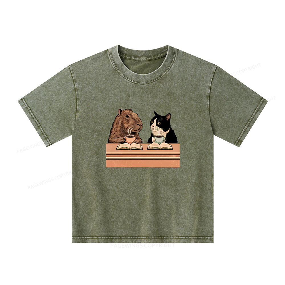 Pagewings Capybara and Tuxedo Cat Chilling with Coffee Unisex Kids Washed T-shirt