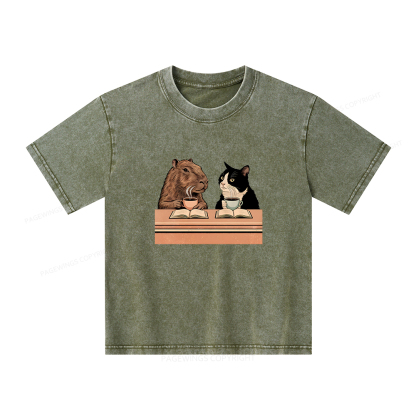 Pagewings Capybara and Tuxedo Cat Chilling with Coffee Unisex Kids Washed T-shirt