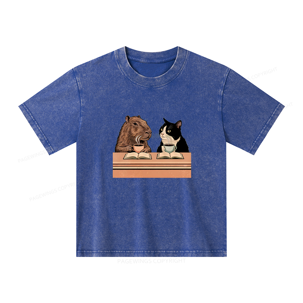 Pagewings Capybara and Tuxedo Cat Chilling with Coffee Unisex Kids Washed T-shirt