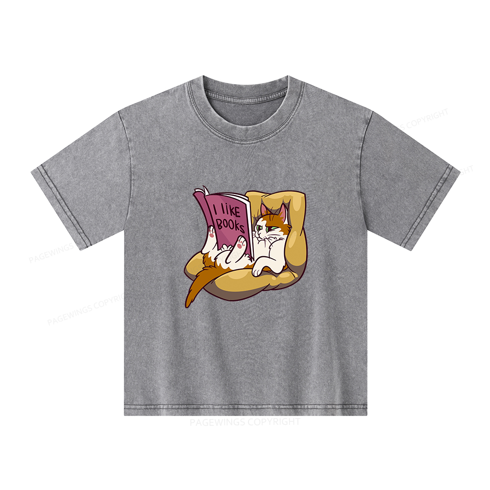 Pagewings A Cat That Likes Reading Books Unisex Kids Washed T-shirt