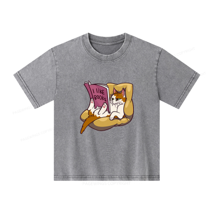 Pagewings A Cat That Likes Reading Books Unisex Kids Washed T-shirt