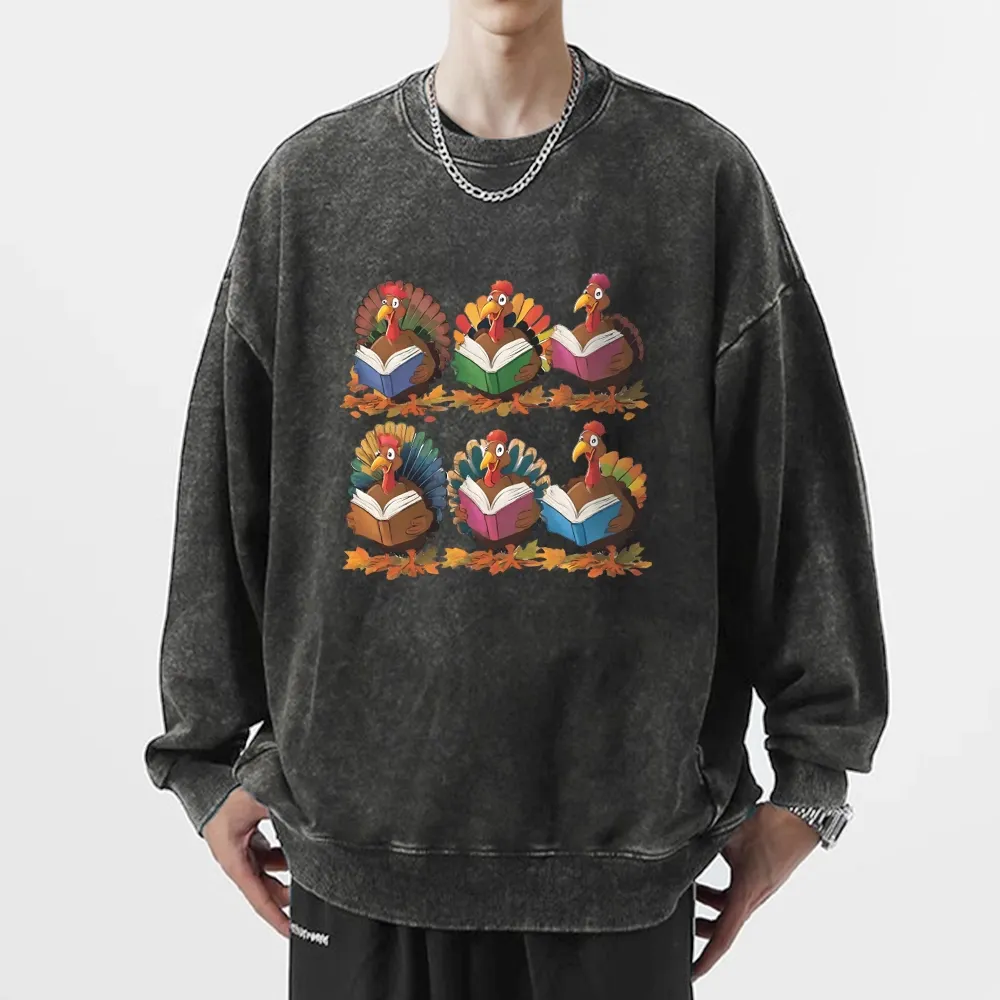 Pagewings Thanksgiving Fall Reading Turkey Unisex Washed Sweatshirt