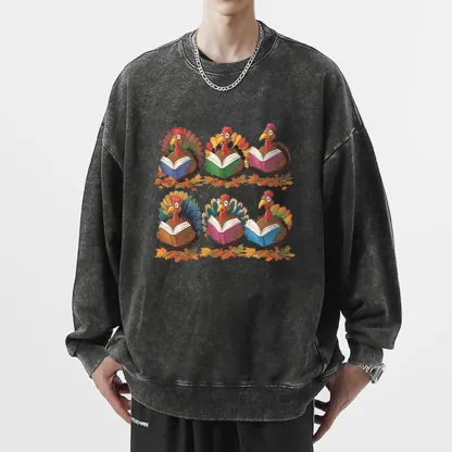 Pagewings Thanksgiving Fall Reading Turkey Unisex Washed Sweatshirt