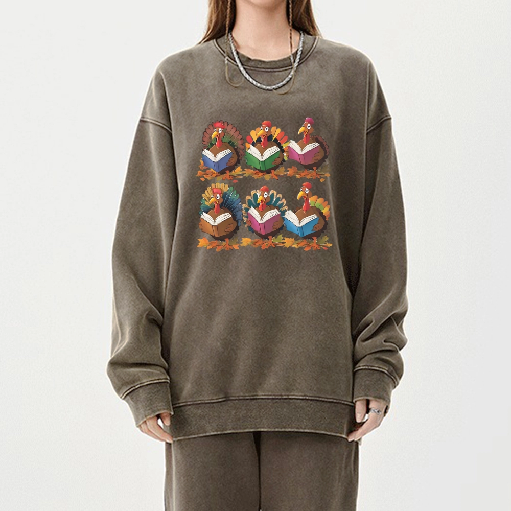 Pagewings Thanksgiving Fall Reading Turkey Unisex Washed Sweatshirt