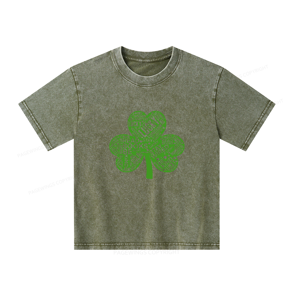Pagewings St Patricks Day Shirt Lucky Reading Shirt Unisex Kids Washed T-shirt