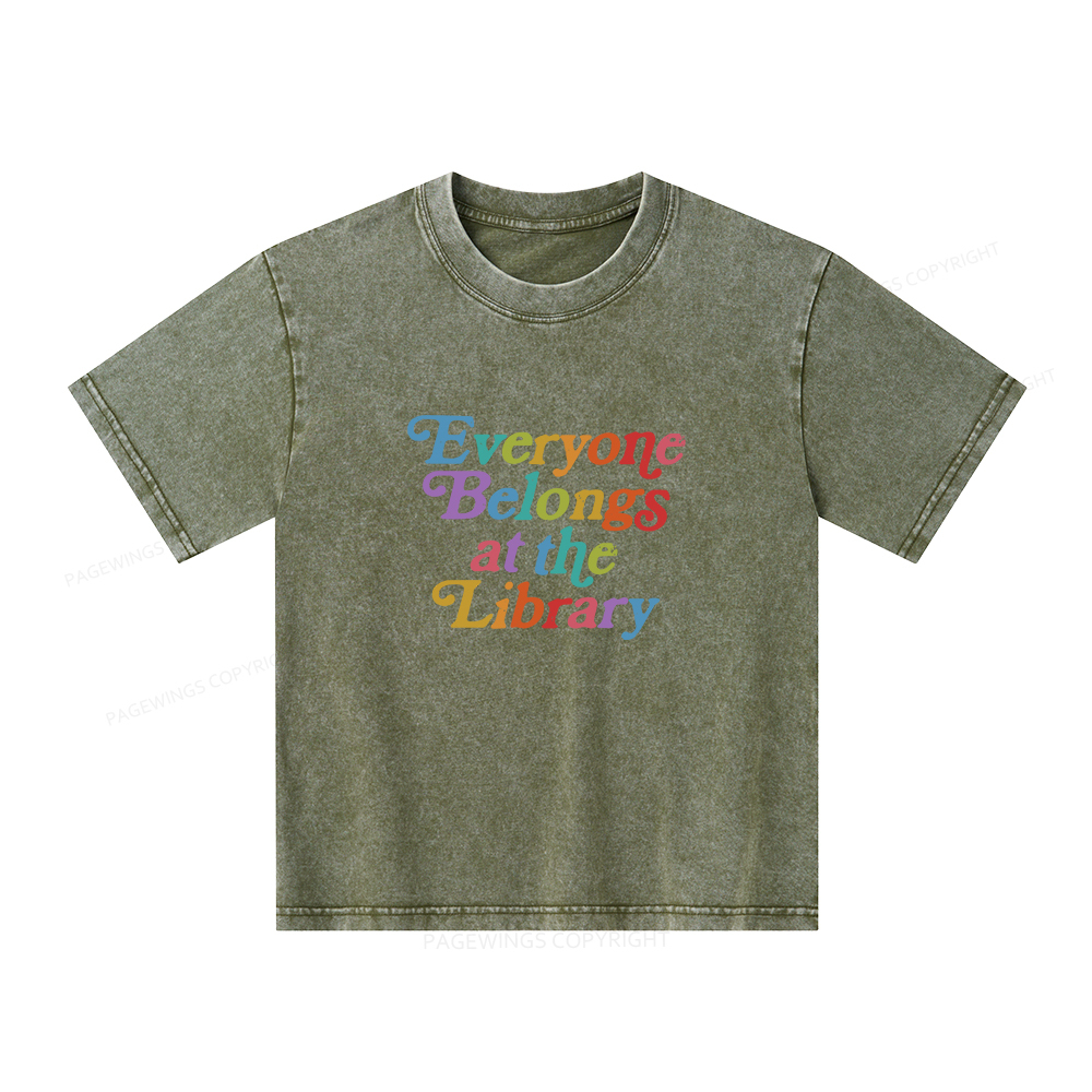 Pagewings Everyone belongs at the library Unisex Kids Washed T-shirt