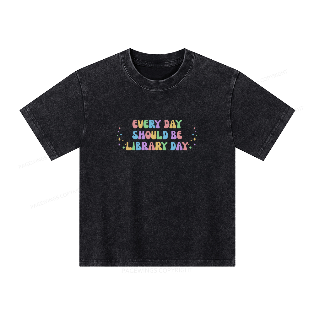 Pagewings Every Day Should Be Library Day Unisex Kids Washed T-shirt