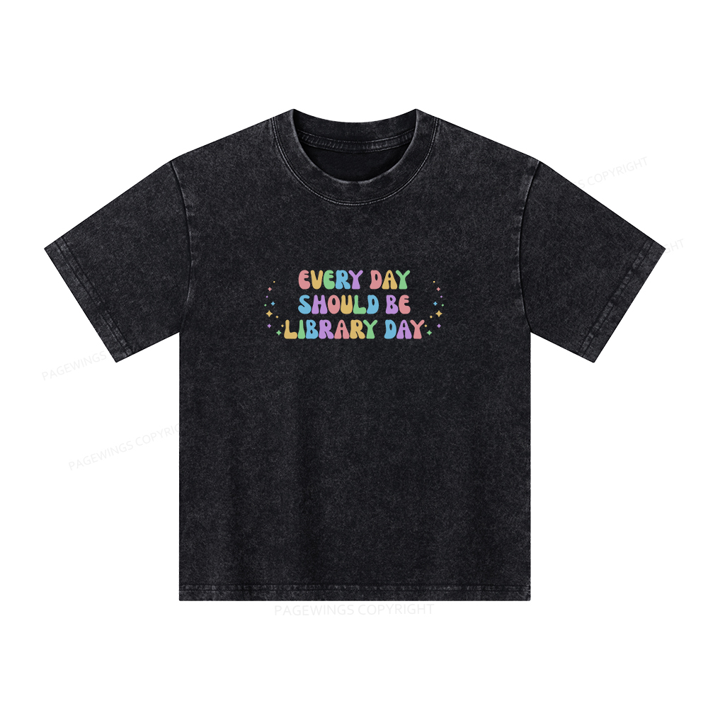 Pagewings Every Day Should Be Library Day Unisex Kids Washed T-shirt