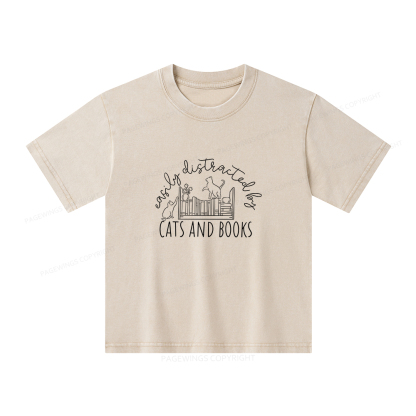 Pagewings Cute Cats And Books Unisex Kids Washed T-shirt
