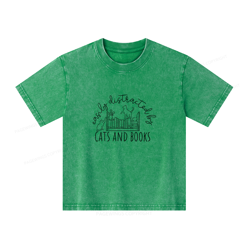 Pagewings Cute Cats And Books Unisex Kids Washed T-shirt