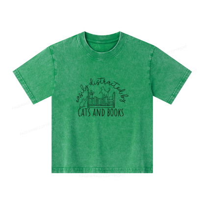 Pagewings Cute Cats And Books Unisex Kids Washed T-shirt