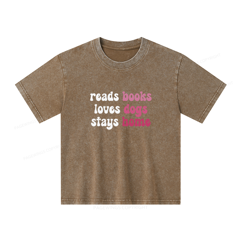 Pagewings Read Books & Lovs Dogs & Stay Home Unisex Kids Washed T-shirt
