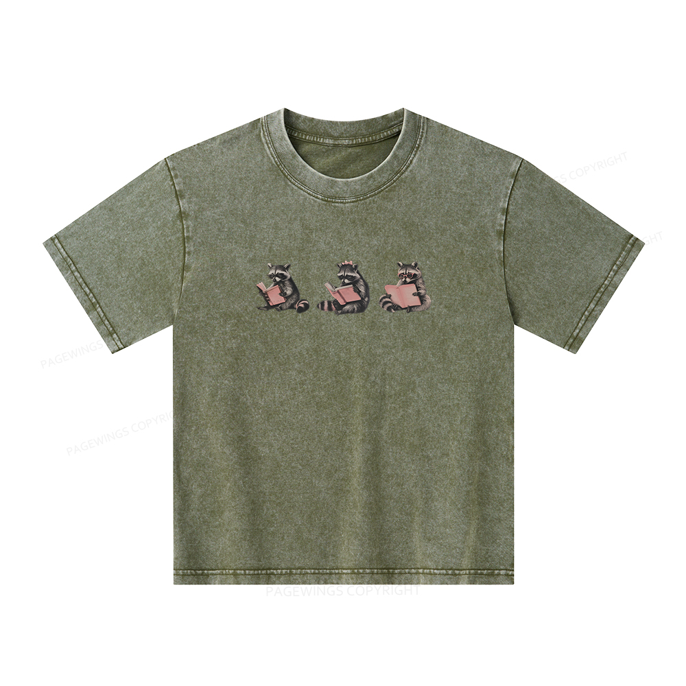 Pagewings Funny Raccoon Bookish Gift Unisex Kids Washed T-shirt
