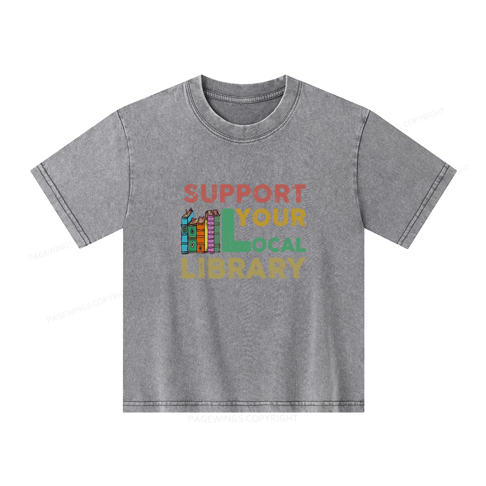 Pagewings Support Your Local Library Unisex Kids Washed T-shirt