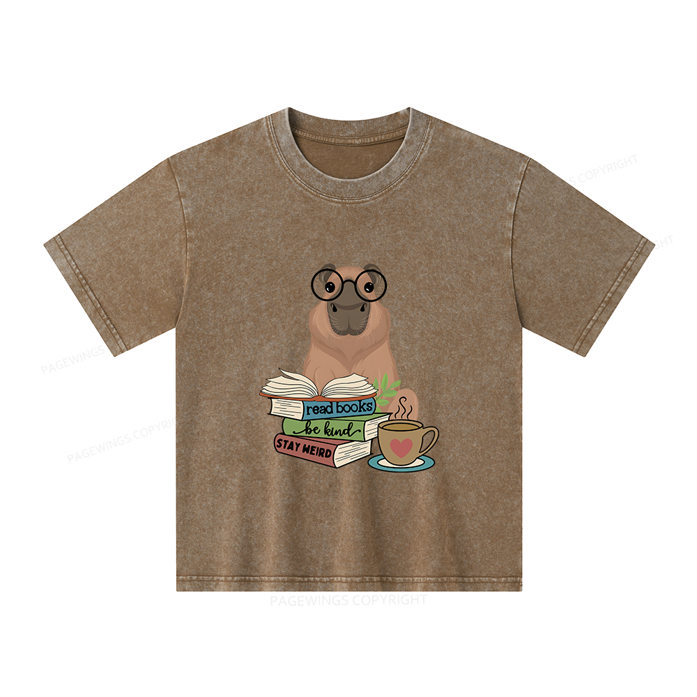 Pagewings Capybara Reading Unisex Kids Washed T-shirt