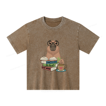 Pagewings Capybara Reading Unisex Kids Washed T-shirt