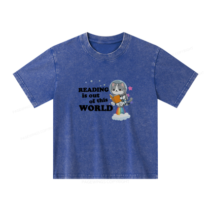 Pagewings Cat Reading in Space Unisex Kids Washed T-shirt