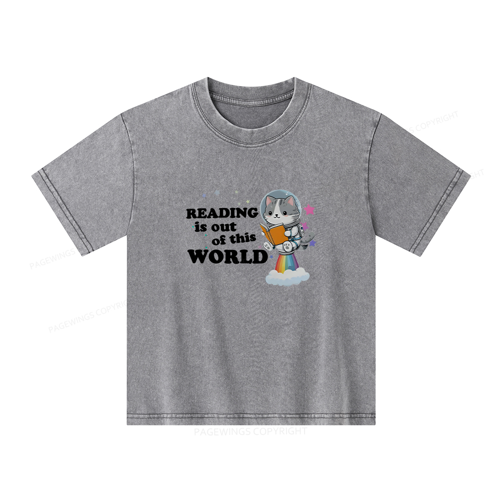 Pagewings Cat Reading in Space Unisex Kids Washed T-shirt
