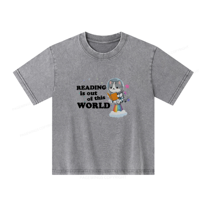 Pagewings Cat Reading in Space Unisex Kids Washed T-shirt