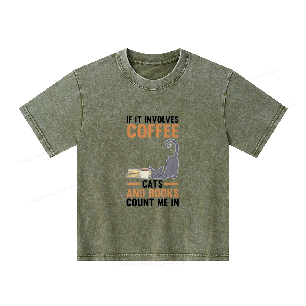 Pagewings Cats Reading Books Coffee T Shirts Unisex Kids Washed T-shirt
