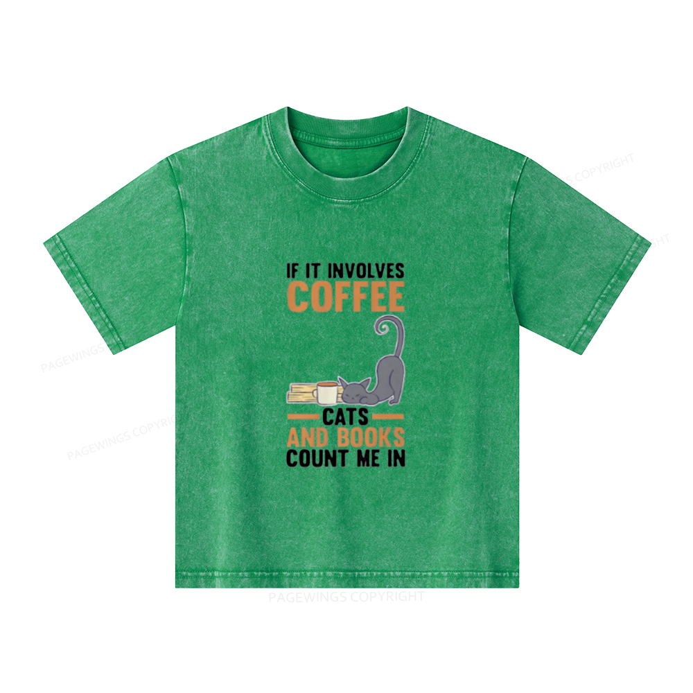 Pagewings Cats Reading Books Coffee T Shirts Unisex Kids Washed T-shirt