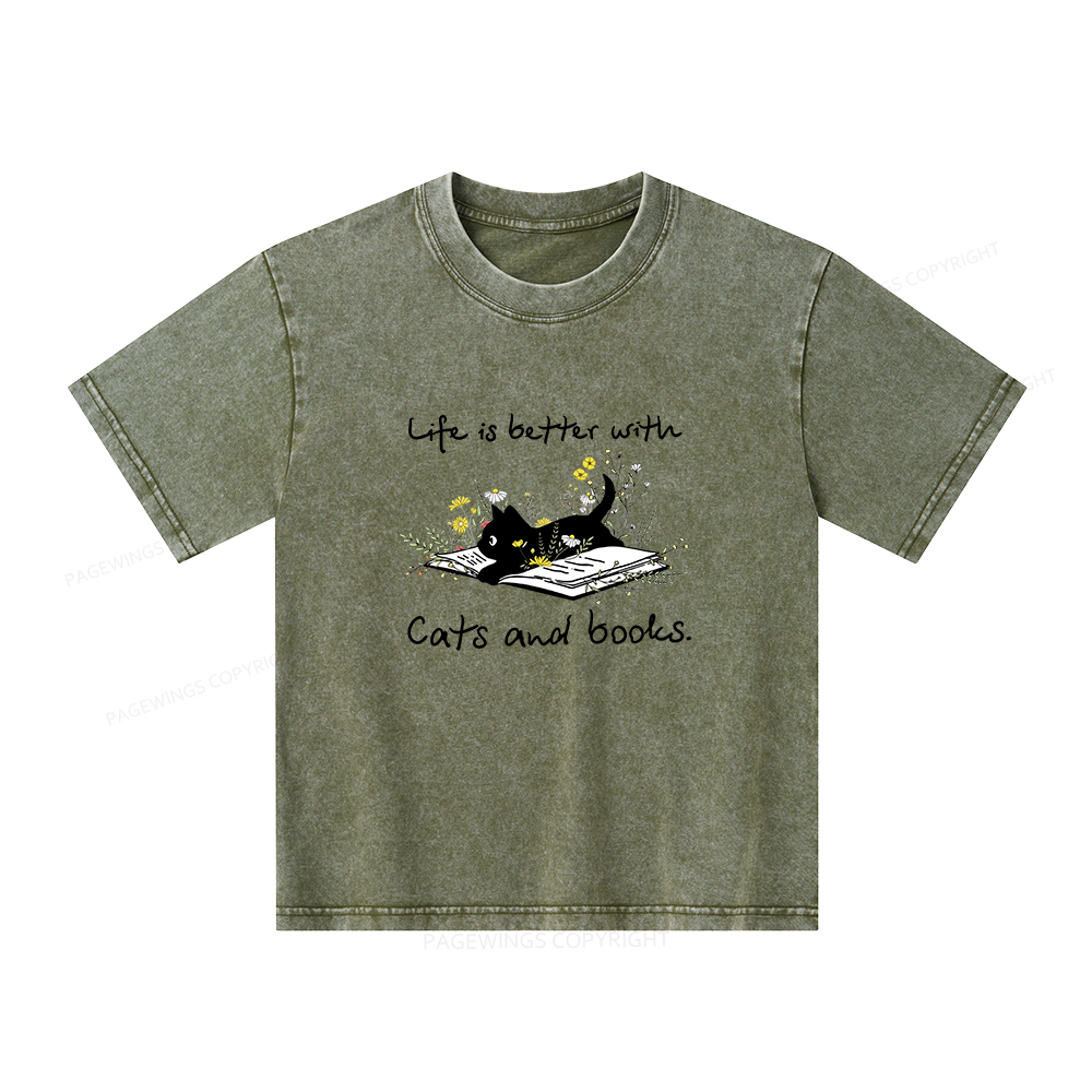 Pagewings Life Is Better With Cats And Books Unisex Kids Washed T-shir