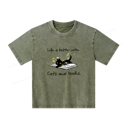 Pagewings Life Is Better With Cats And Books Unisex Kids Washed T-shirt