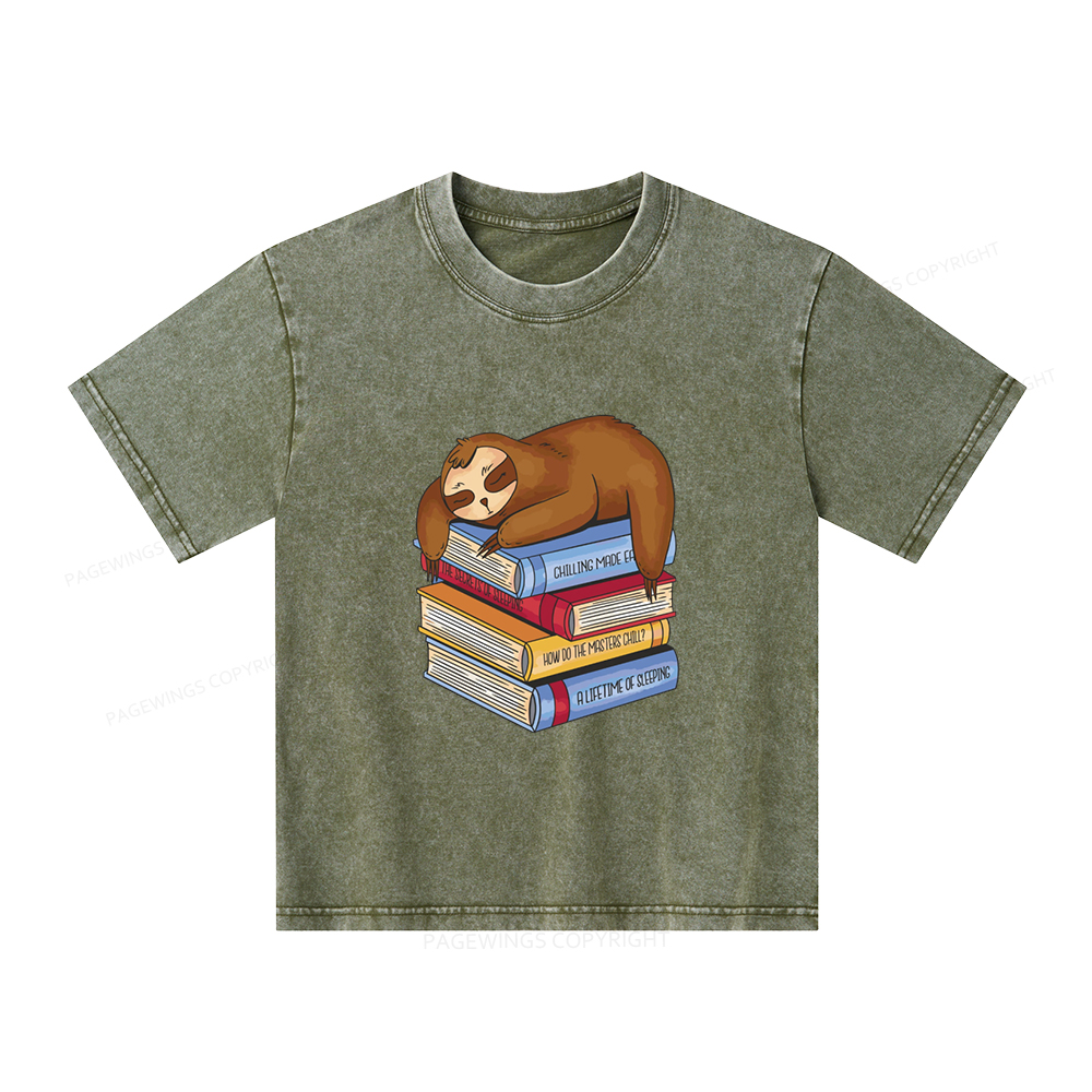 Pagewings Sloth And Book Unisex Kids Washed T-shirt