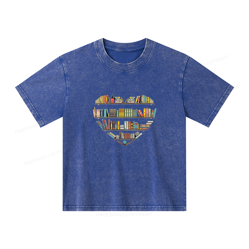 Pagewings Heart Bookshelves Unisex Kids Washed T-shirt