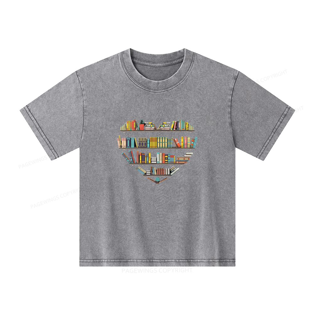 Pagewings Heart Bookshelves Unisex Kids Washed T-shirt