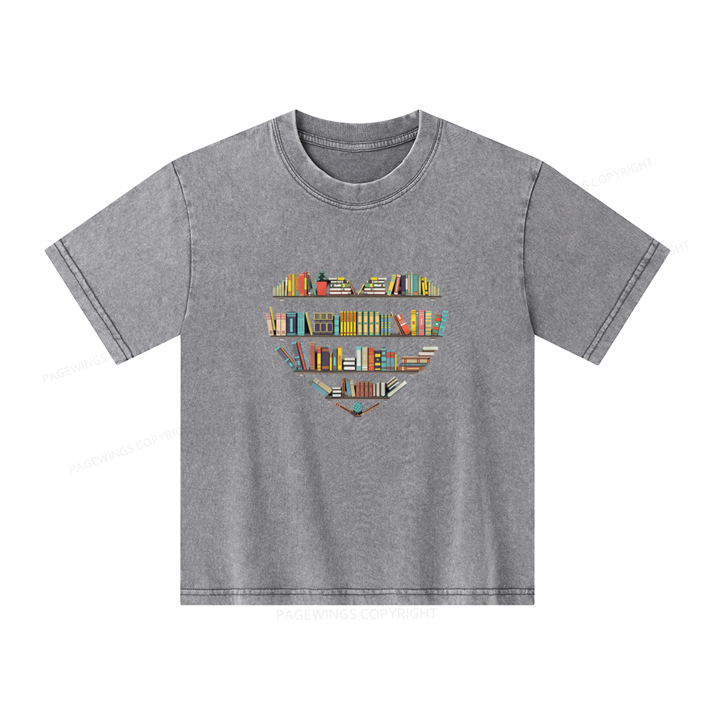 Pagewings Heart Bookshelves Unisex Kids Washed T-shirt