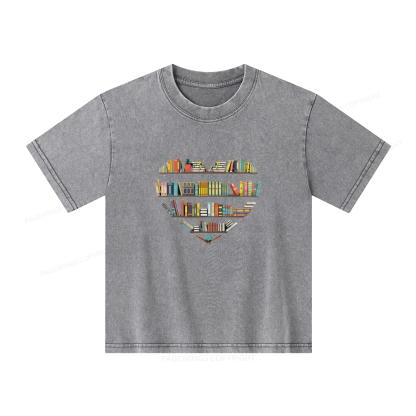 Pagewings Heart Bookshelves Unisex Kids Washed T-shirt