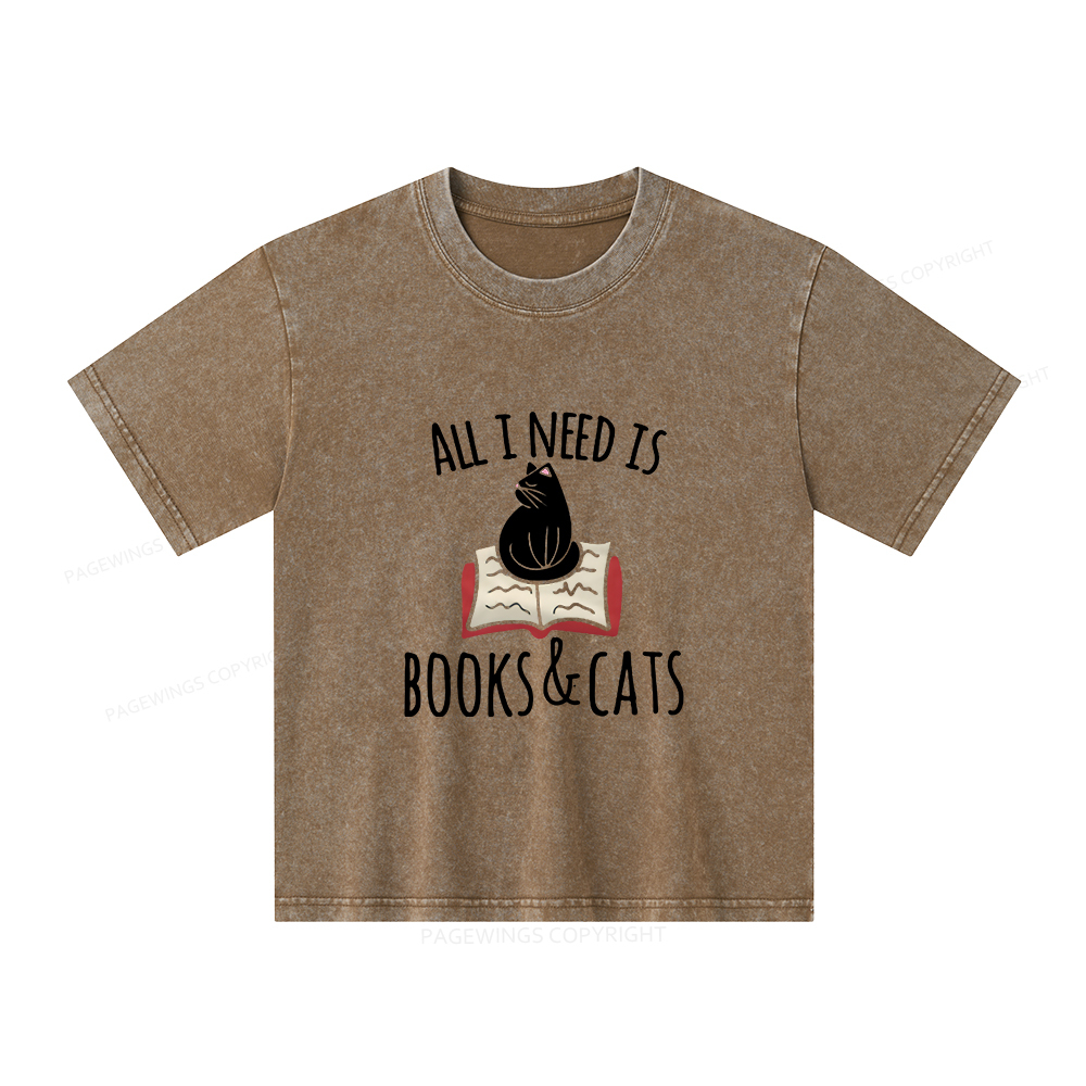 Pagewings All I Need Is Book & Cat Unisex Kids Washed T-shirt