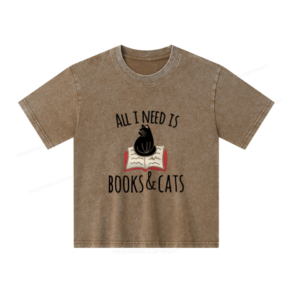 Pagewings All I Need Is Book & Cat Unisex Kids Washed T-shirt