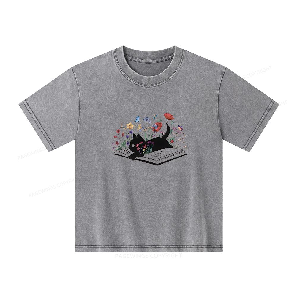 Pagewings Cute Book Cat Unisex Kids Washed T-shirt