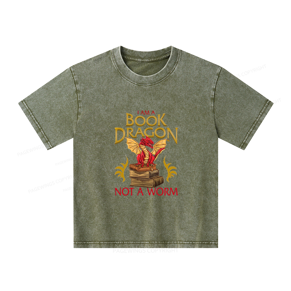 Pagewings I Am A Book Dragon Not A Worm Unisex Kids Washed T-shirt