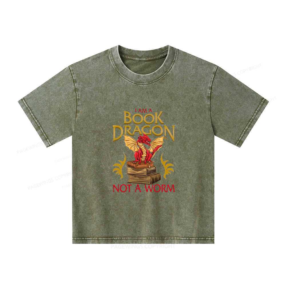 Pagewings I Am A Book Dragon Not A Worm Unisex Kids Washed T-shirt