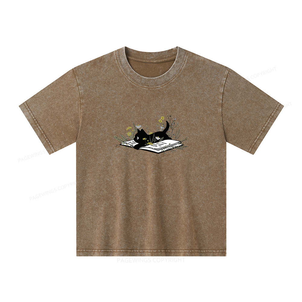 Pagewings Cute Book Cat Unisex Kids Washed T-shirt