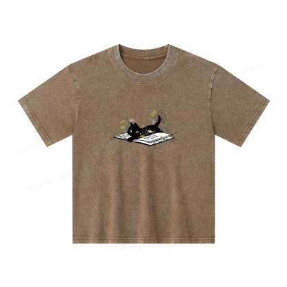 Pagewings Cute Book Cat Unisex Kids Washed T-shirt