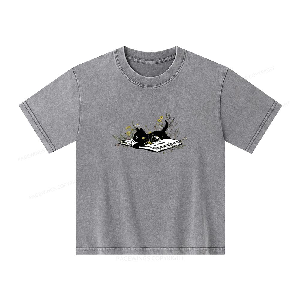 Pagewings Cute Book Cat Unisex Kids Washed T-shirt