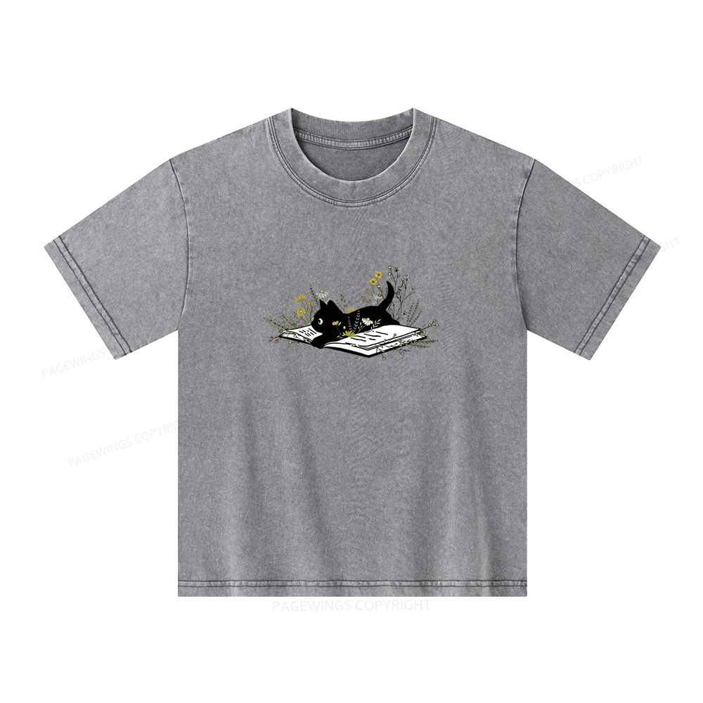 Pagewings Cute Book Cat Unisex Kids Washed T-shirt