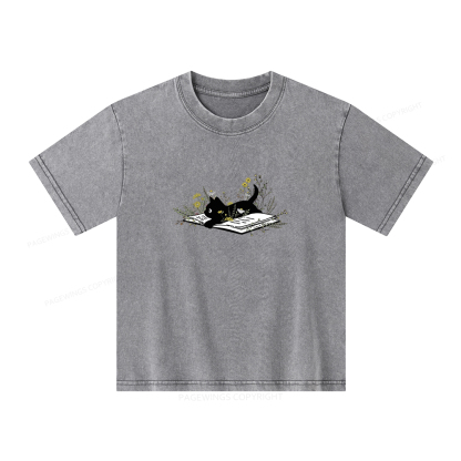 Pagewings Cute Book Cat Unisex Kids Washed T-shirt