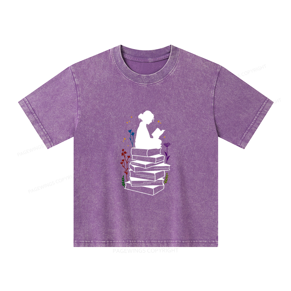Pagewings Girl Reading Unisex Kids Washed T-shirt