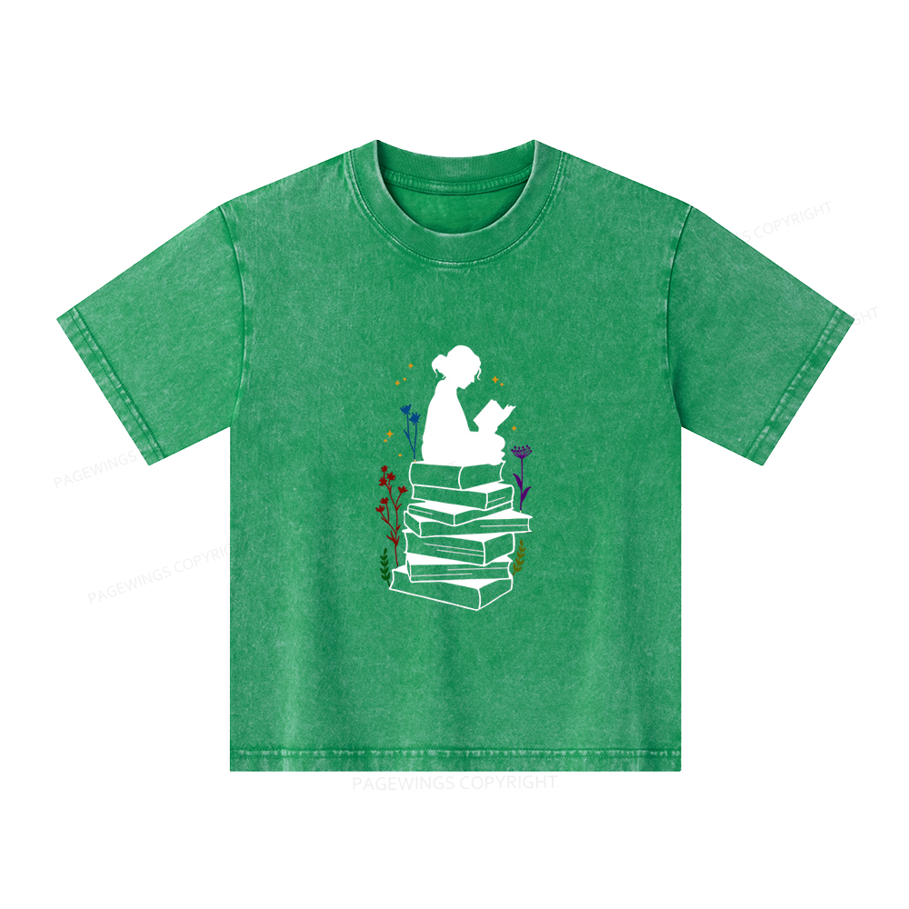 Pagewings Girl Reading Unisex Kids Washed T-shirt
