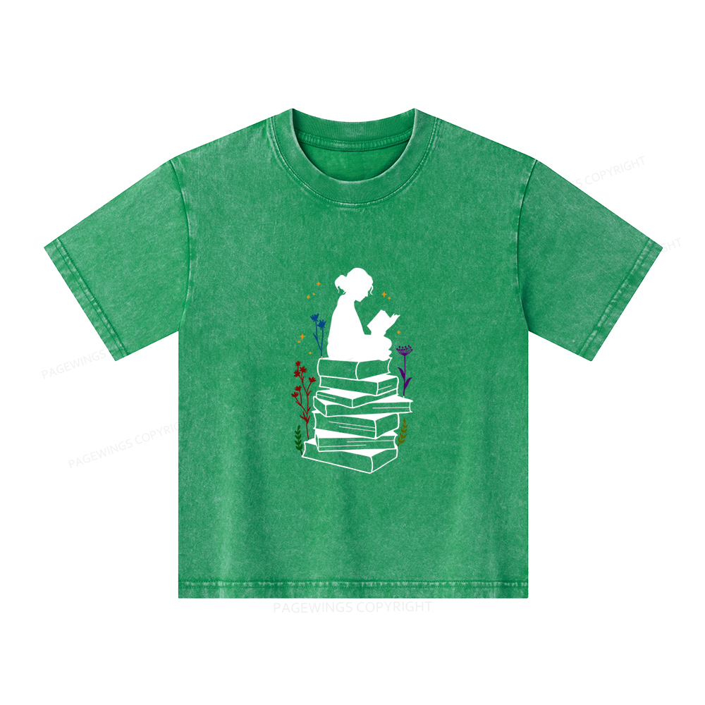 Pagewings Girl Reading Unisex Kids Washed T-shirt
