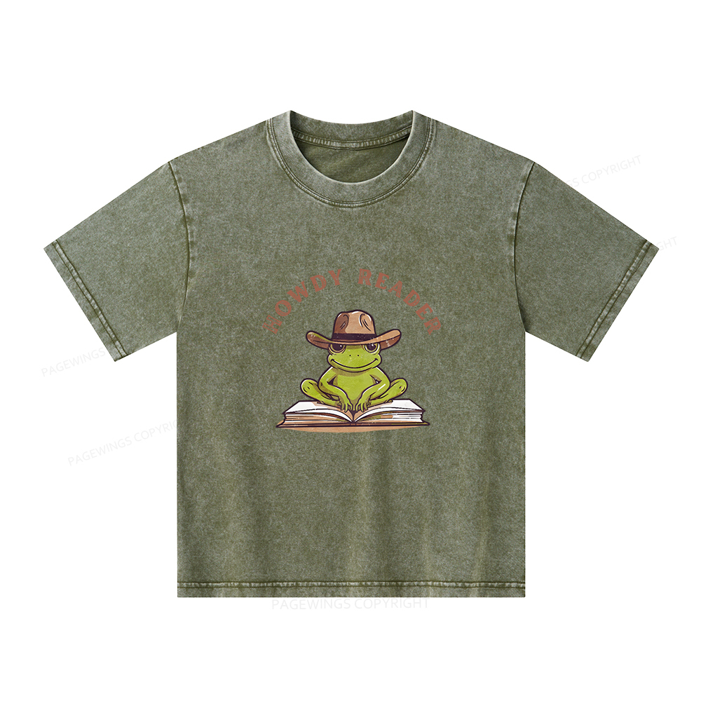 Pagewings Howdy Reader Frog Unisex Kids Washed T-shirt