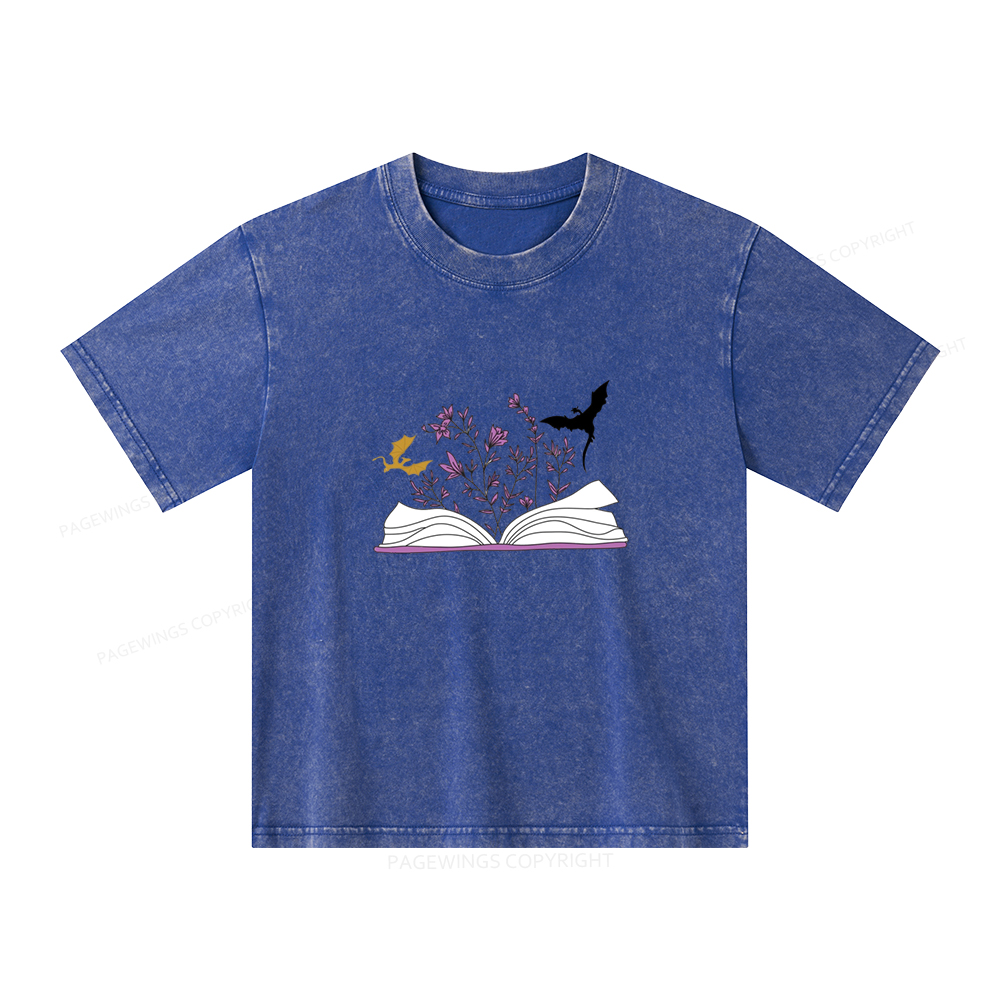 Pagewings Fourth Wing Flower Book Unisex Kids Washed T-shirt